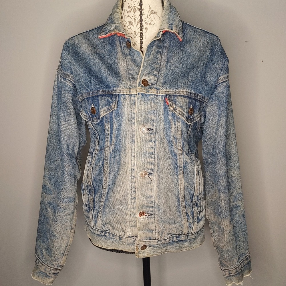 80s Levis Denim Trucker Jacket Buffalo Flannel Lined Thrashed Distressed Small